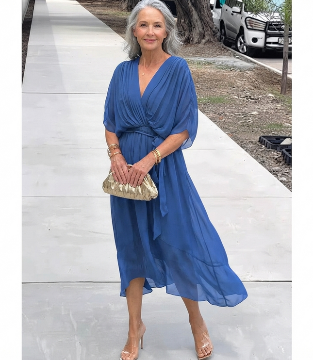 Women's Wedding Guest Midi Dress with Wrap Front and Flowing Sleeves