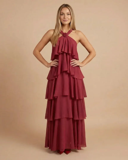 Burgundy halter tiered maxi dress with layered ruffles and sleeveless neckline