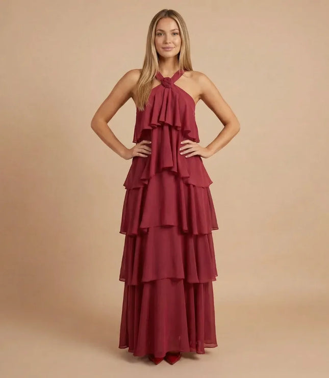 Burgundy halter tiered maxi dress with layered ruffles and sleeveless neckline