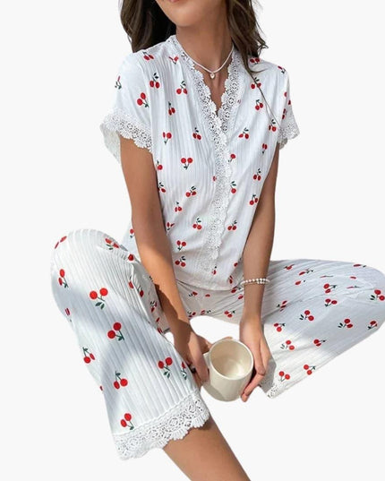 Women's White Cherry Print Short Sleeve Pajama Set