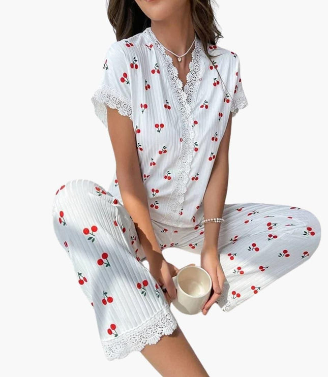 Women's White Cherry Print Short Sleeve Pajama Set