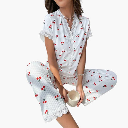 Women's White Cherry Print Short Sleeve Pajama Set