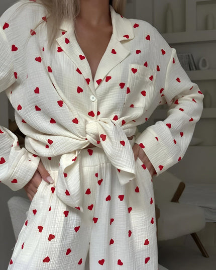 Women's White Heart Print Long Sleeve Pajama Set