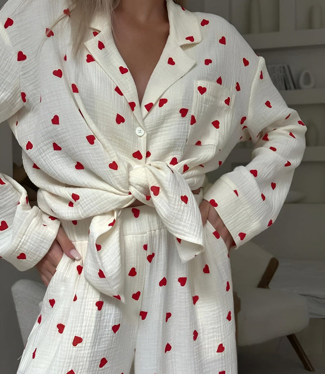 Women's White Heart Print Long Sleeve Pajama Set