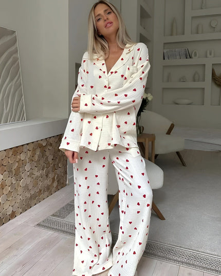Women's White Heart Print Long Sleeve Pajama Set