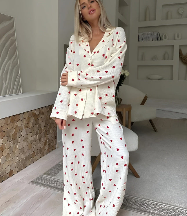 Women's White Heart Print Long Sleeve Pajama Set