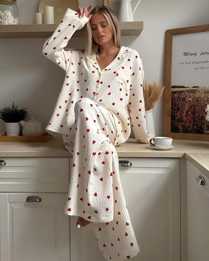 Women's White Heart Print Long Sleeve Pajama Set