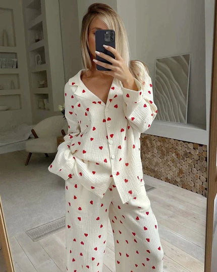 Women's White Heart Print Long Sleeve Pajama Set
