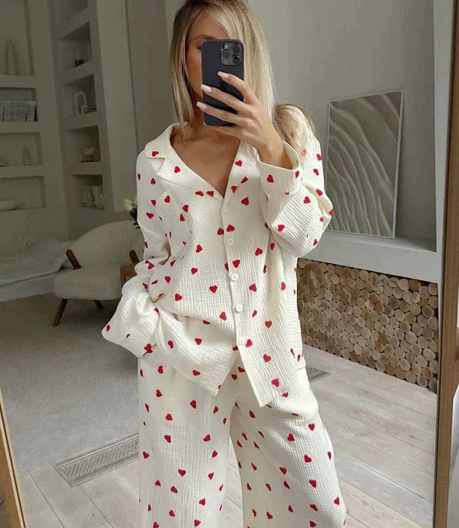 Women's White Heart Print Long Sleeve Pajama Set