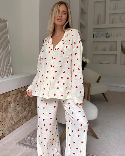 Women's White Heart Print Long Sleeve Pajama Set