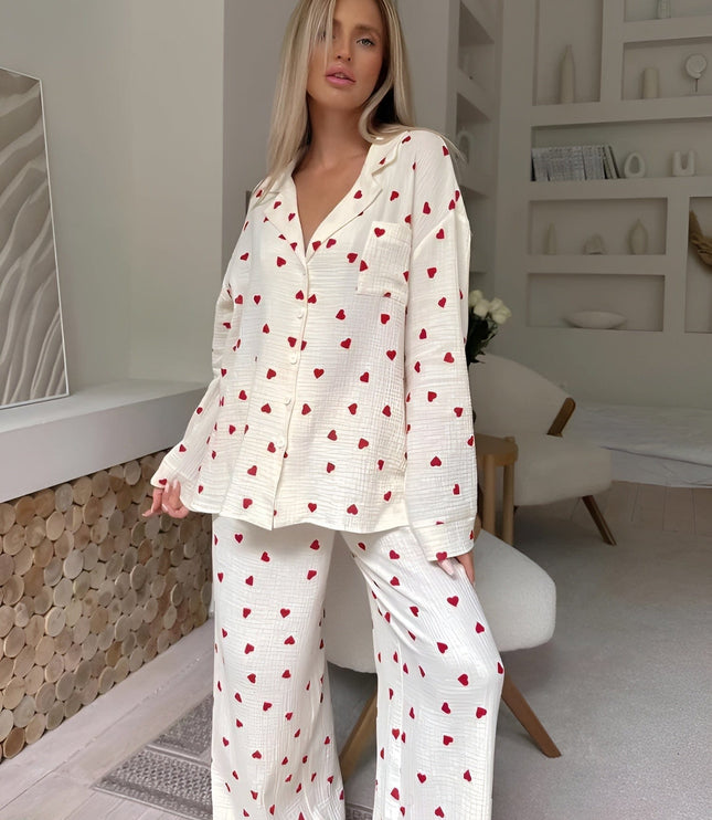 Women's White Heart Print Long Sleeve Pajama Set