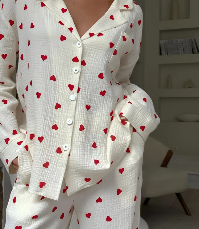 Women's White Heart Print Long Sleeve Pajama Set