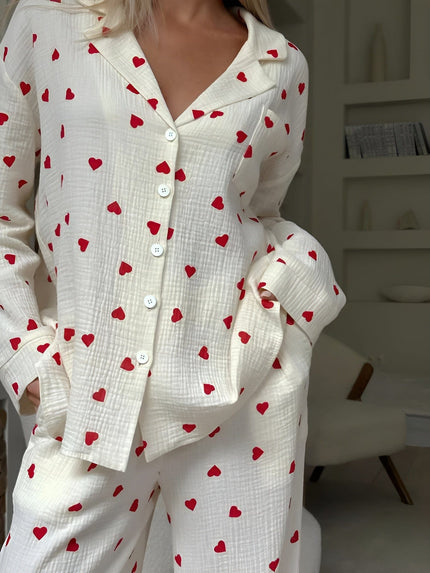 Women's White Heart Print Long Sleeve Pajama Set