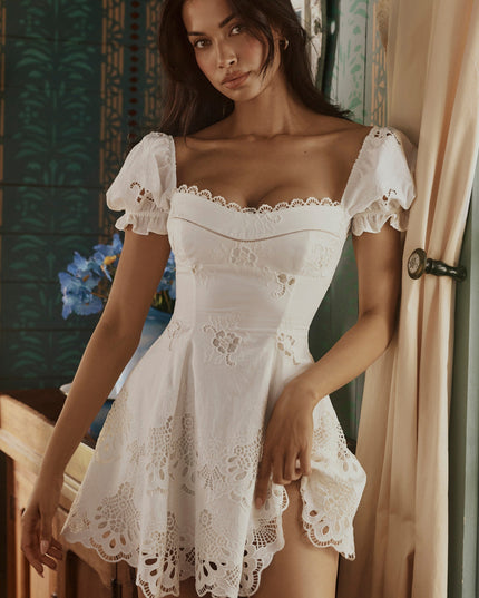 Women's White Mini Dress for Summer Weddings and Garden Parties