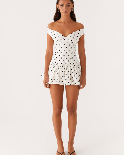 Women's White Polka Dot Off Shoulder Wedding Guest Mini Dress
