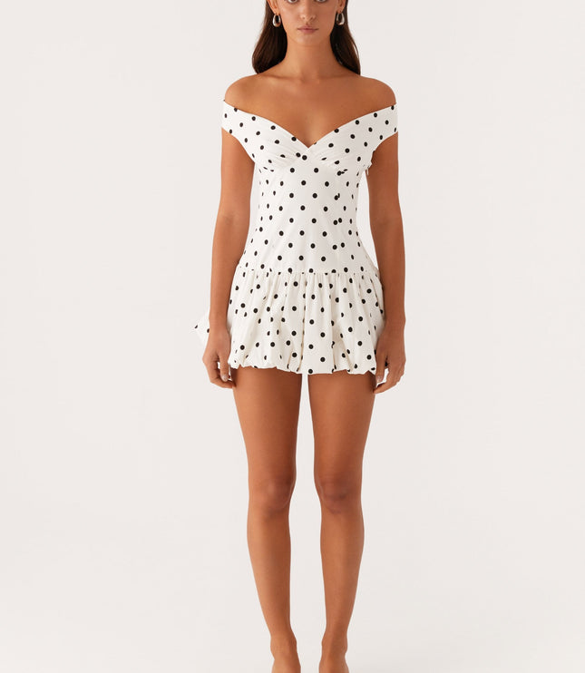 Women's White Polka Dot Off Shoulder Wedding Guest Mini Dress