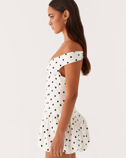 Women's White Polka Dot Off Shoulder Wedding Guest Mini Dress