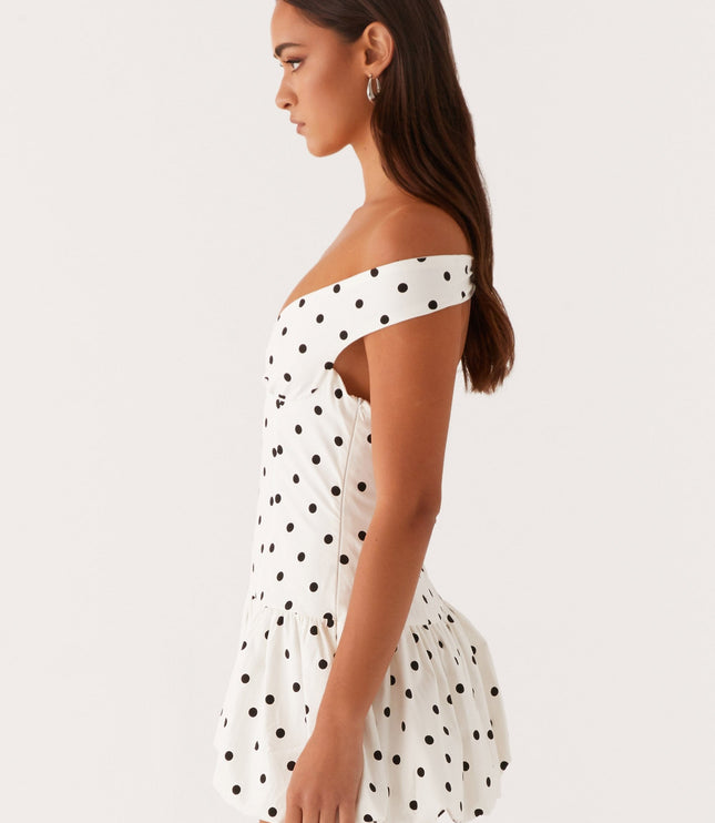 Women's White Polka Dot Off Shoulder Wedding Guest Mini Dress