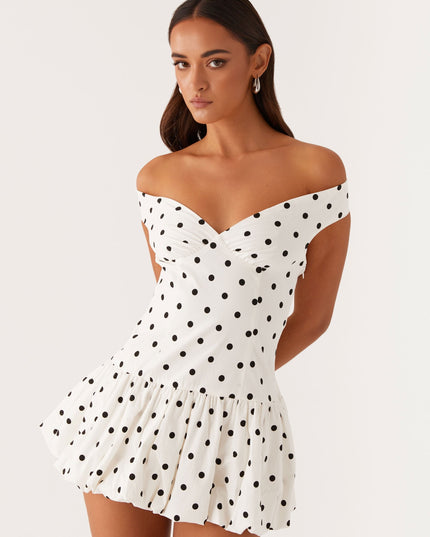 Women's White Polka Dot Off Shoulder Wedding Guest Mini Dress