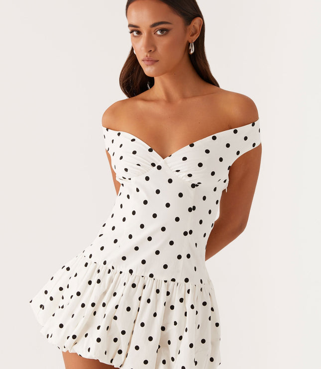 Women's White Polka Dot Off Shoulder Wedding Guest Mini Dress
