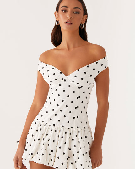 Women's White Polka Dot Off Shoulder Wedding Guest Mini Dress