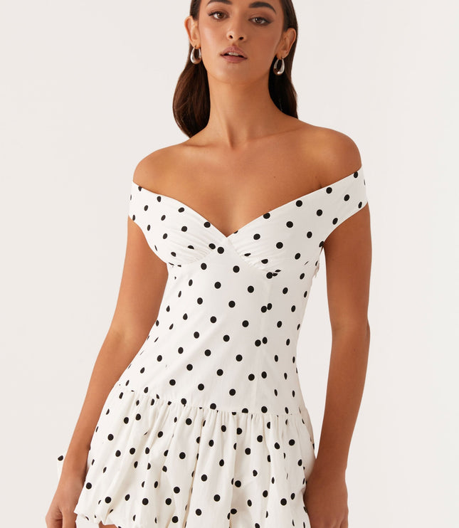 Women's White Polka Dot Off Shoulder Wedding Guest Mini Dress