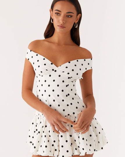 Women's White Polka Dot Off Shoulder Wedding Guest Mini Dress