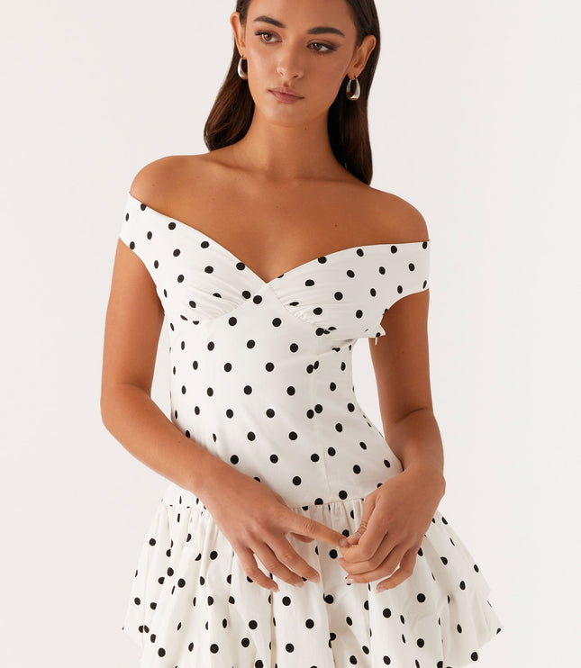 Women's White Polka Dot Off Shoulder Wedding Guest Mini Dress