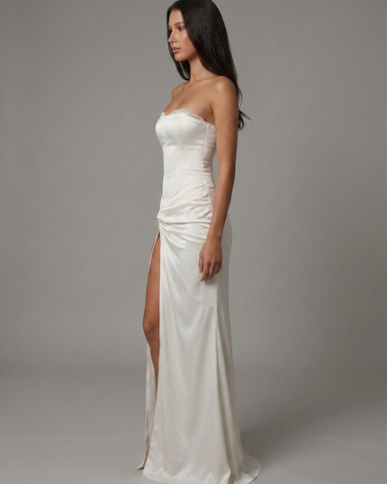 Women's White Satin V-Neck Maxi Dress for Summer Weddings