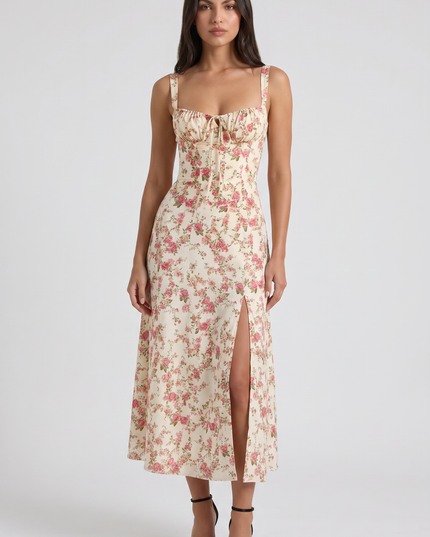 Women's White V-Neck Cocktail Midi Dress for Summer Occasions