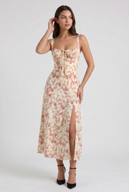 Women's White V-Neck Cocktail Midi Dress for Summer Occasions