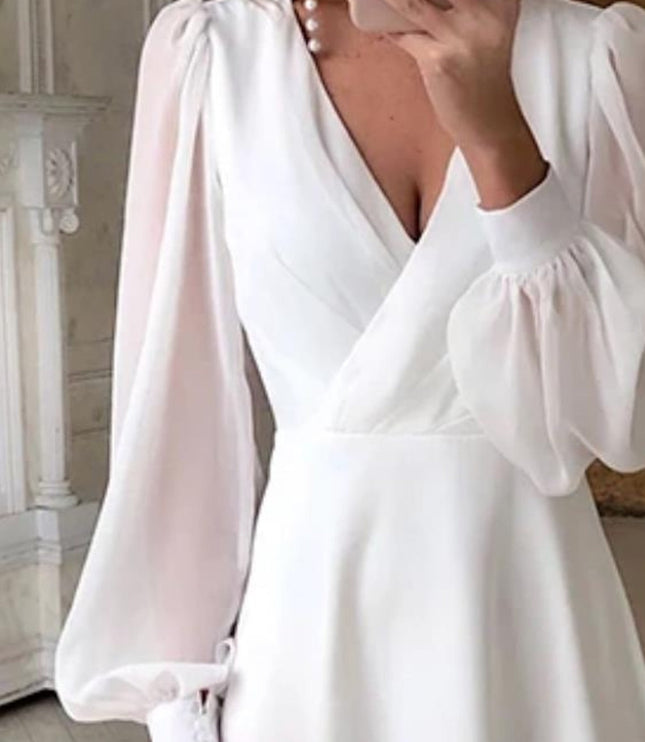 Women's White Wrap Bridal Dress with Sheer Long Sleeves