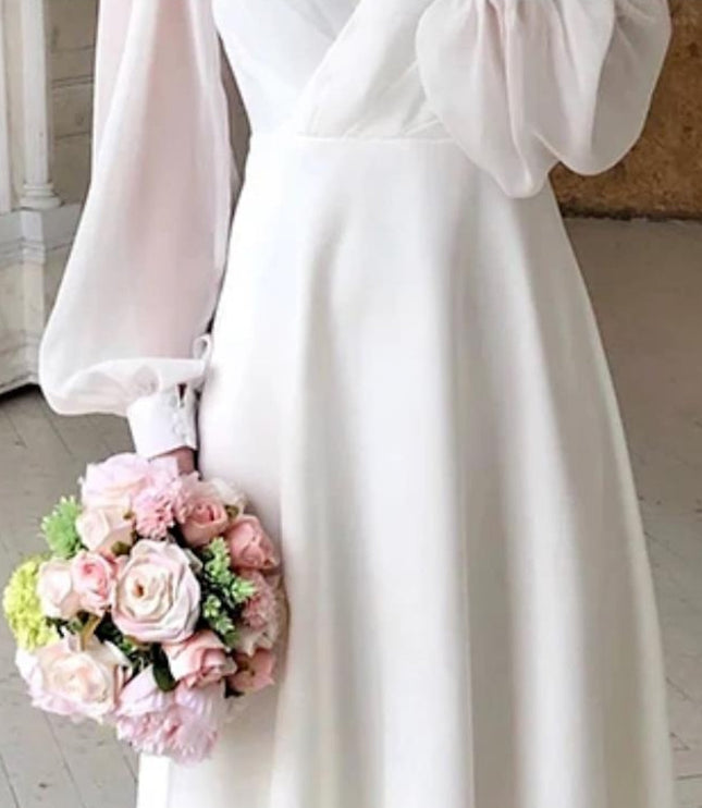 Women's White Wrap Bridal Dress with Sheer Long Sleeves