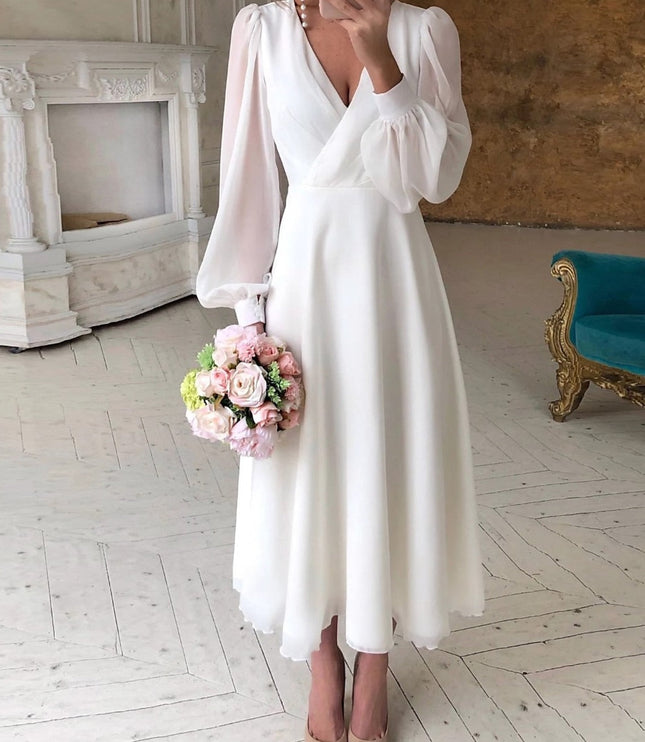 Women's White Wrap Bridal Dress with Sheer Long Sleeves
