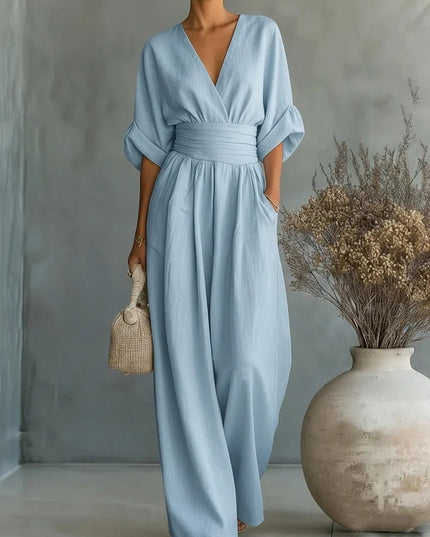 Women's Wide-Leg Linen-Look Jumpsuit with V-Neck