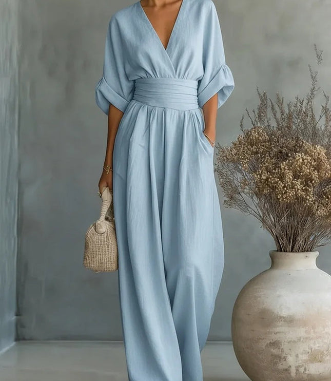 Women's Wide-Leg Linen-Look Jumpsuit with V-Neck