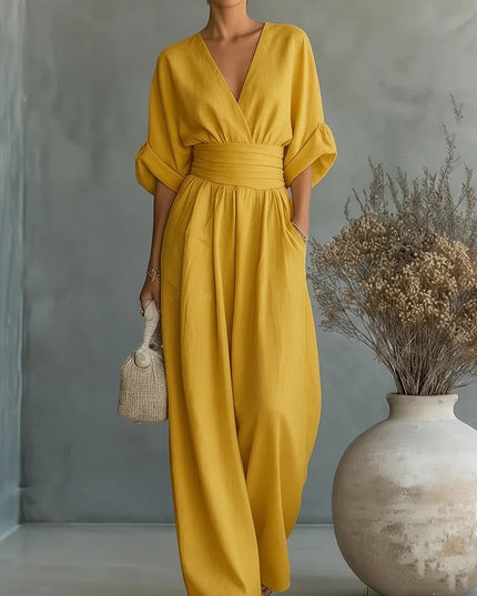 Women's Wide-Leg Linen-Look Jumpsuit with V-Neck
