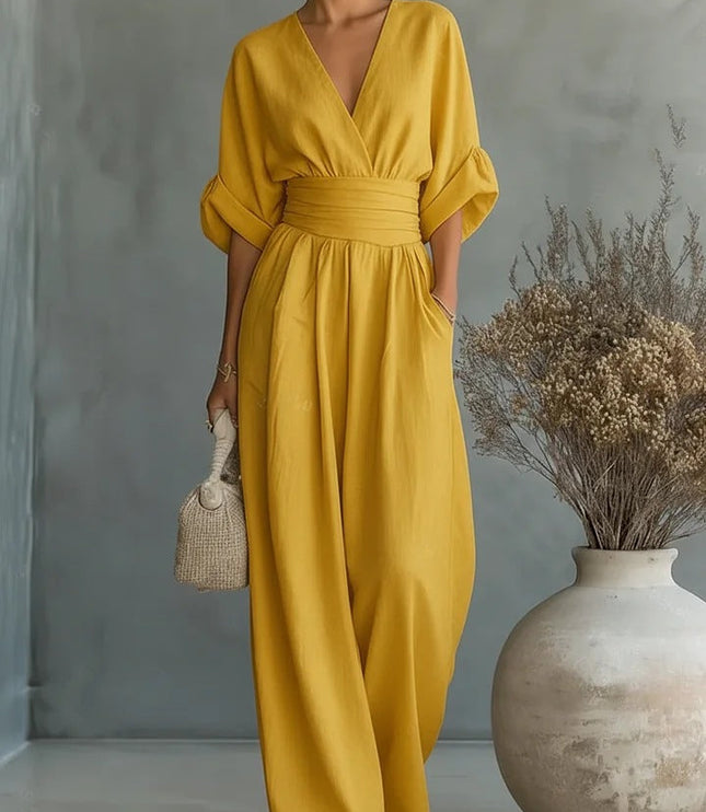 Women's Wide-Leg Linen-Look Jumpsuit with V-Neck