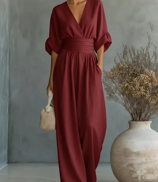 Women's Wide-Leg Linen-Look Jumpsuit with V-Neck