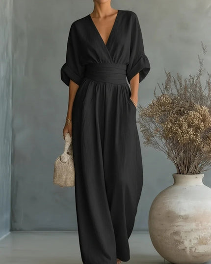 Women's Wide-Leg Linen-Look Jumpsuit with V-Neck