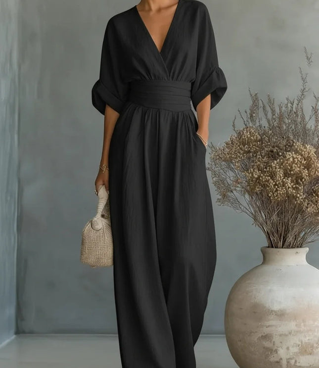 Women's Wide-Leg Linen-Look Jumpsuit with V-Neck