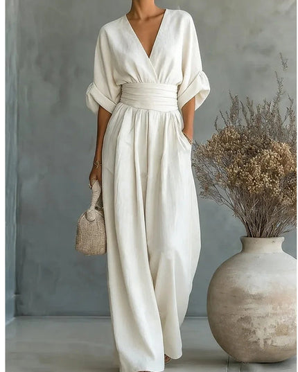 Women's Wide-Leg Linen-Look Jumpsuit with V-Neck