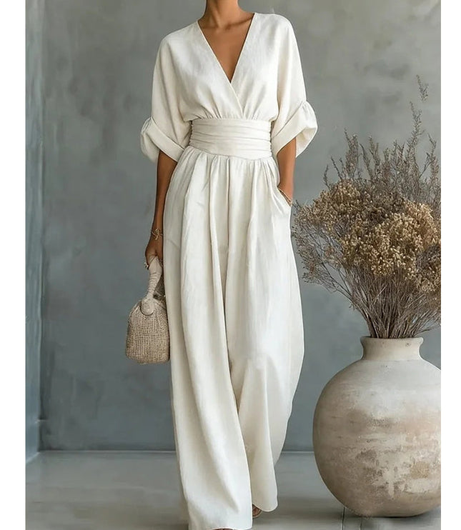 Women's Wide-Leg Linen-Look Jumpsuit with V-Neck