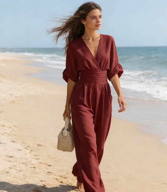 Women's Wide-Leg Linen-Look Jumpsuit with V-Neck