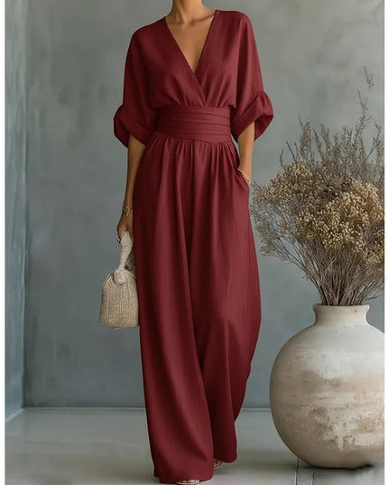Women's Wide-Leg Linen-Look Jumpsuit with V-Neck