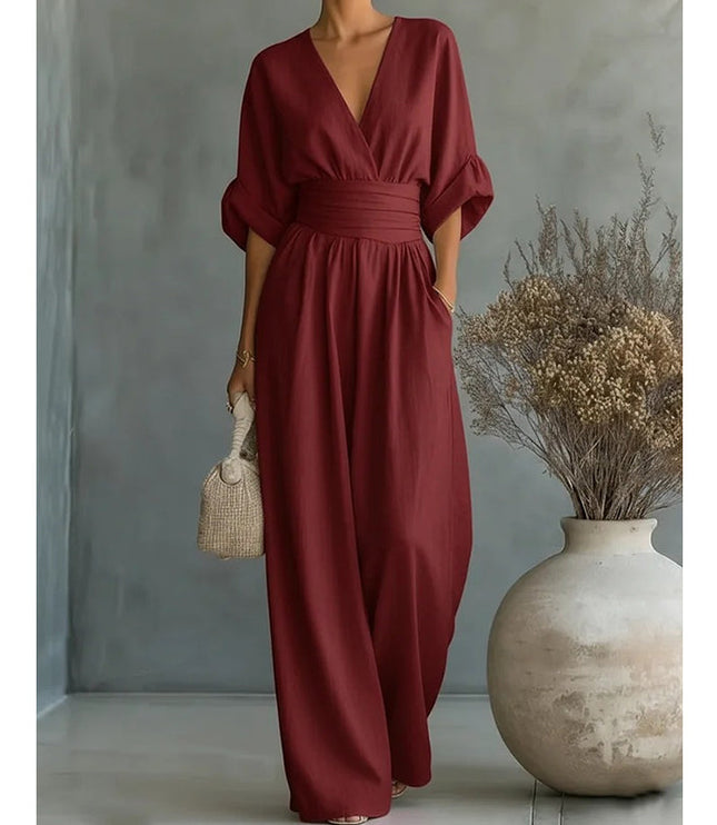 Women's Wide-Leg Linen-Look Jumpsuit with V-Neck