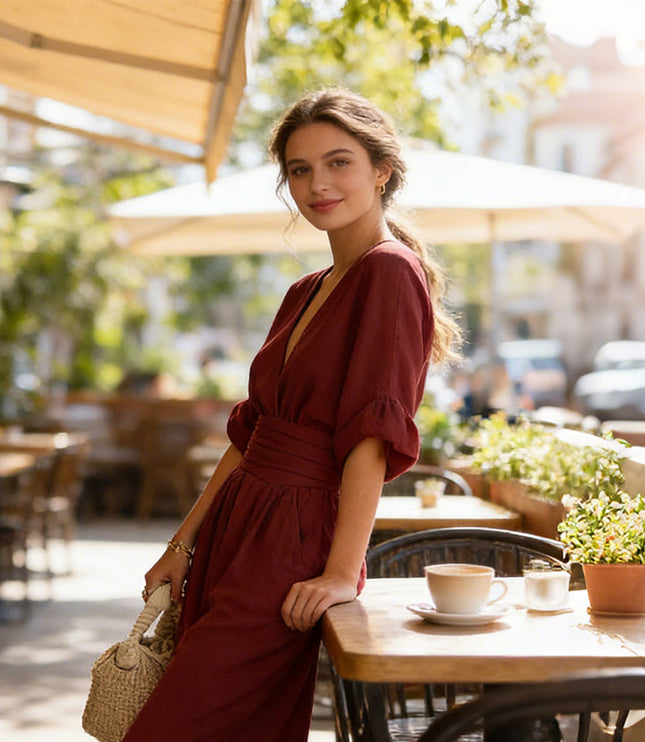 Women's Wide-Leg Linen-Look Jumpsuit with V-Neck