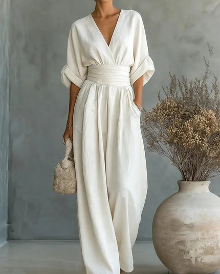 Women's Wide-Leg Linen-Look Jumpsuit with V-Neck