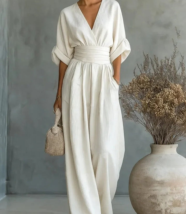 Women's Wide-Leg Linen-Look Jumpsuit with V-Neck