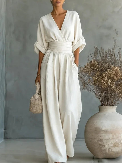 Women's Wide-Leg Linen-Look Jumpsuit with V-Neck